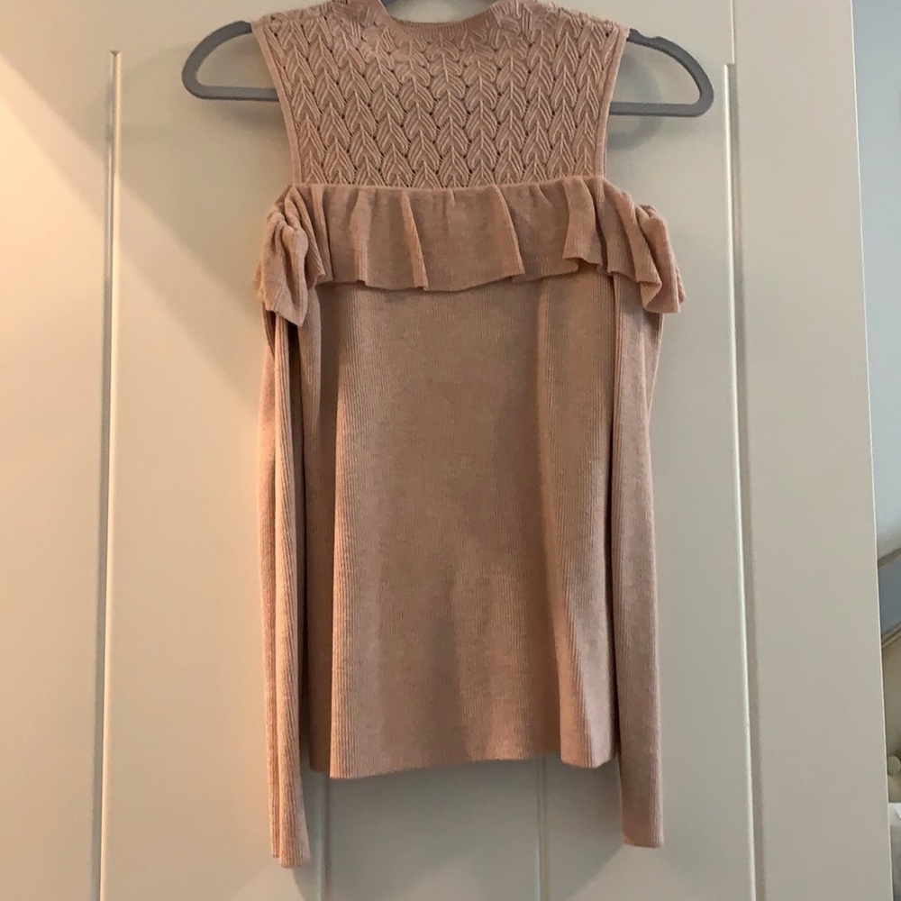 WHBM peachy/tan cold shoulder sweater w/ruffle detail, fitted and soft